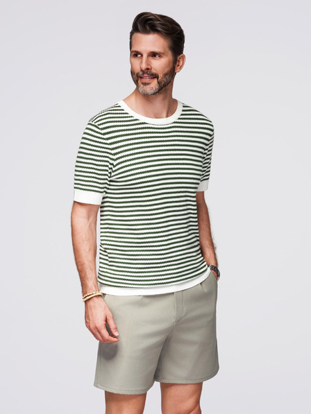 Ombre Clothing Pánske námorníckej pruhované pletené tričko s prelamovanou väzbou - olivová a biela