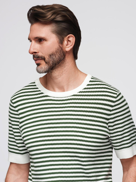 Ombre Clothing Pánske námorníckej pruhované pletené tričko s prelamovanou väzbou - olivová a biela
