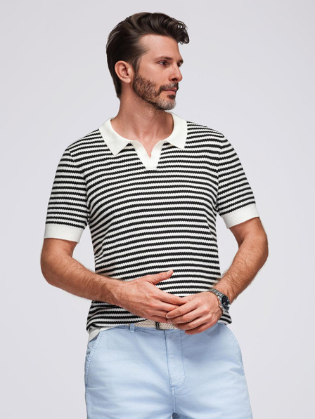 Ombre Clothing Pánska pletená polokošeľa bez gombíkov v námorníckych pruhoch - čierno-biela