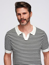 Ombre Clothing Pánska pletená polokošeľa bez gombíkov v námorníckych pruhoch - čierno-biela