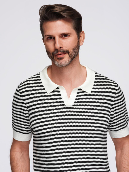 Ombre Clothing Pánska pletená polokošeľa bez gombíkov v námorníckych pruhoch - čierno-biela