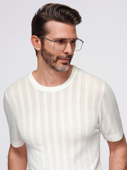 Ombre Clothing Pánsky sveter s okrúhlym výstrihom a krátkymi rukávmi - biely