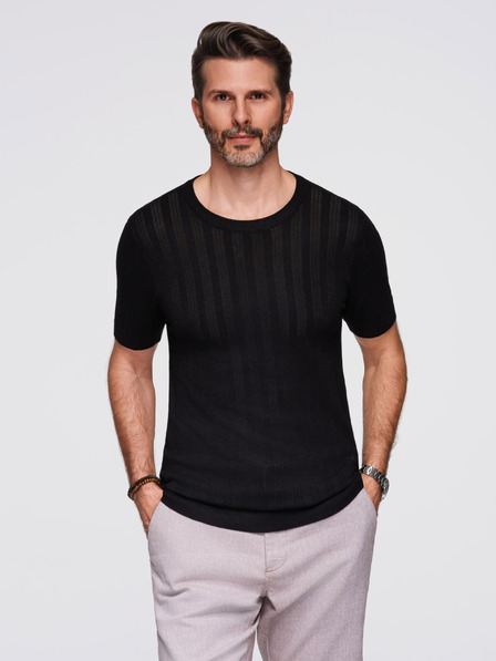 Ombre Clothing Pánsky sveter s okrúhlym výstrihom a krátkymi rukávmi - čierny