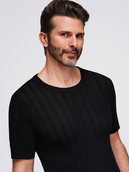 Ombre Clothing Pánsky sveter s okrúhlym výstrihom a krátkymi rukávmi - čierny
