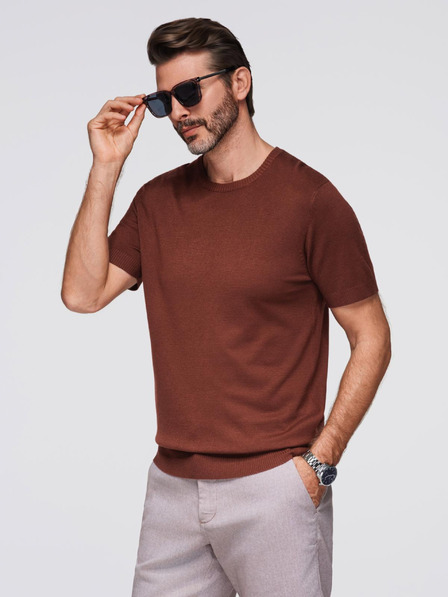 Ombre Clothing Pánska klasická pletená košeľa so žebrovanými manžetami - teplá hnedá