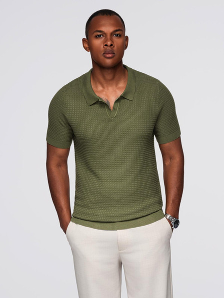 Ombre Clothing Pánska pletená polokošeľa bez gombíkov - olivová
