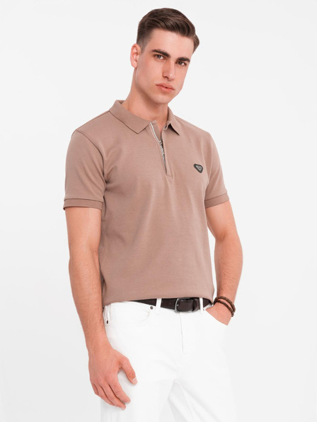Ombre Clothing Pánska polokošeľa so zipsom - svetlo hnedá