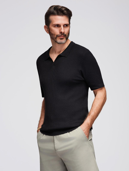 Ombre Clothing Pánska polokošeľa s otvoreným golierom bez gombíkov - čierna