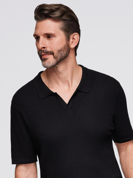 Ombre Clothing Pánska polokošeľa s otvoreným golierom bez gombíkov - čierna