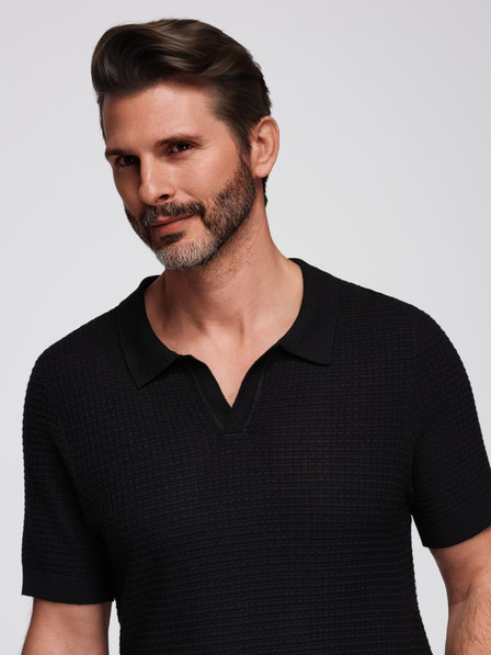 Ombre Clothing Pánska pletená polokošeľa bez gombíkov - čierna
