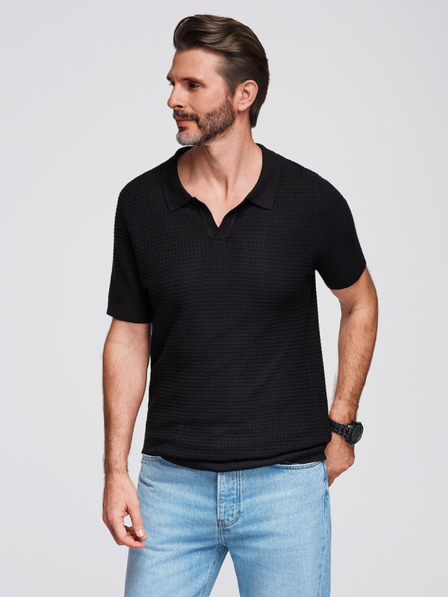 Ombre Clothing Pánska pletená polokošeľa bez gombíkov - čierna