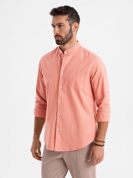 Ombre Clothing Pánska plátená košeľa so stojačikom a vreckom REGULAR FIT - ružová