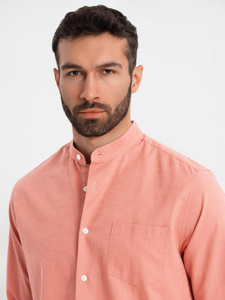 Ombre Clothing Pánska plátená košeľa so stojačikom a vreckom REGULAR FIT - ružová