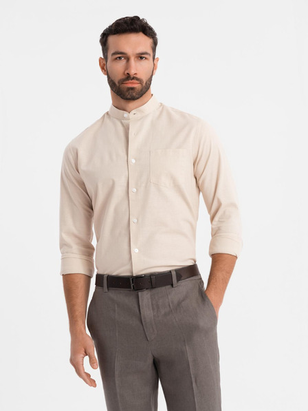 Ombre Clothing Pánska plátená košeľa so stojačikom a vreckom REGULAR FIT - krémová