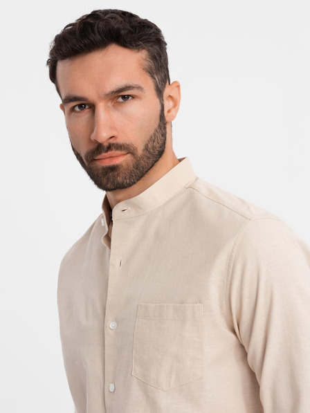 Ombre Clothing Pánska plátená košeľa so stojačikom a vreckom REGULAR FIT - krémová