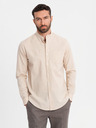 Ombre Clothing Pánska plátená košeľa so stojačikom a vreckom REGULAR FIT - krémová