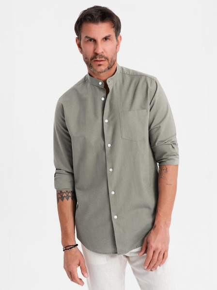 Ombre Clothing Pánska plátená košeľa so stojačikom a vreckom REGULAR FIT - khaki