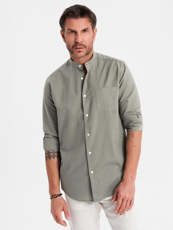 Ombre Clothing Pánska plátená košeľa so stojačikom a vreckom REGULAR FIT - khaki