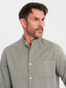 Ombre Clothing Pánska plátená košeľa so stojačikom a vreckom REGULAR FIT - khaki