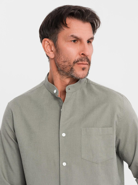Ombre Clothing Pánska plátená košeľa so stojačikom a vreckom REGULAR FIT - khaki