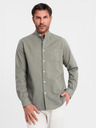 Ombre Clothing Pánska plátená košeľa so stojačikom a vreckom REGULAR FIT - khaki