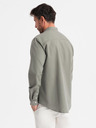Ombre Clothing Pánska plátená košeľa so stojačikom a vreckom REGULAR FIT - khaki