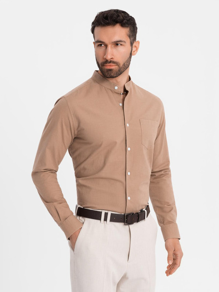 Ombre Clothing Pánska plátená košeľa so stojačikom a vreckom REGULAR FIT - svetlo hnedá