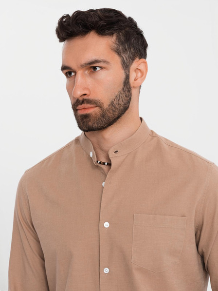 Ombre Clothing Pánska plátená košeľa so stojačikom a vreckom REGULAR FIT - svetlo hnedá