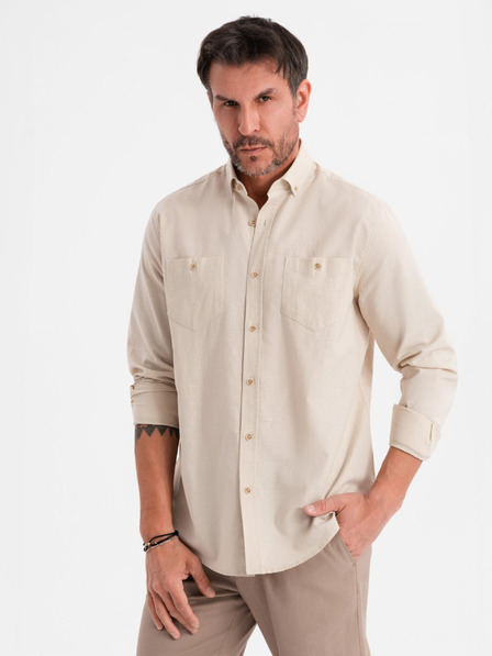 Ombre Clothing Pánska plátená košeľa s klasickým golierom a vreckami REGULAR FIT - krémová