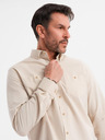 Ombre Clothing Pánska plátená košeľa s klasickým golierom a vreckami REGULAR FIT - krémová