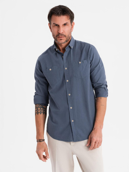 Ombre Clothing Pánska plátená košeľa s klasickým golierom a vreckami REGULAR FIT - modrá