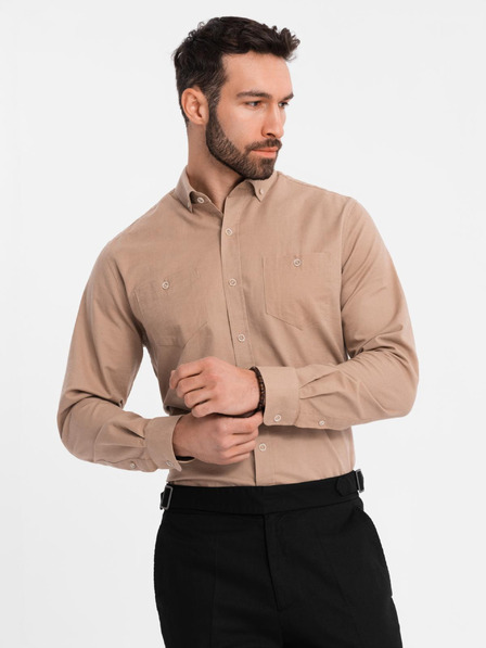 Ombre Clothing Pánska ľanová košeľa s klasickým golierom a vreckami REGULAR FIT - svetlo hnedá