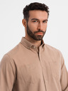 Ombre Clothing Pánska ľanová košeľa s klasickým golierom a vreckami REGULAR FIT - svetlo hnedá
