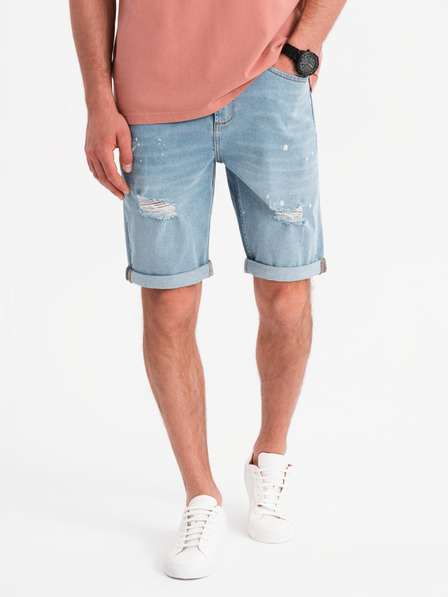 Ombre Clothing Pánske džínsové kraťasy s roztrhanými nohavicami - svetlo modré