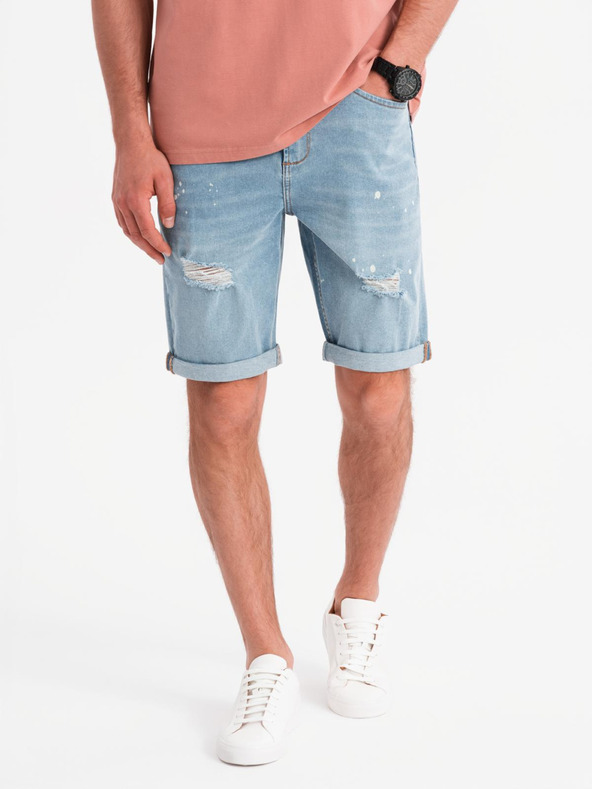 Ombre Clothing Pánske džínsové kraťasy s roztrhanými nohavicami - svetlo modré