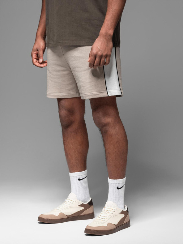 Ombre Clothing Pánske krátke teplákovové kraťasy so širokými pruhmi - béžové