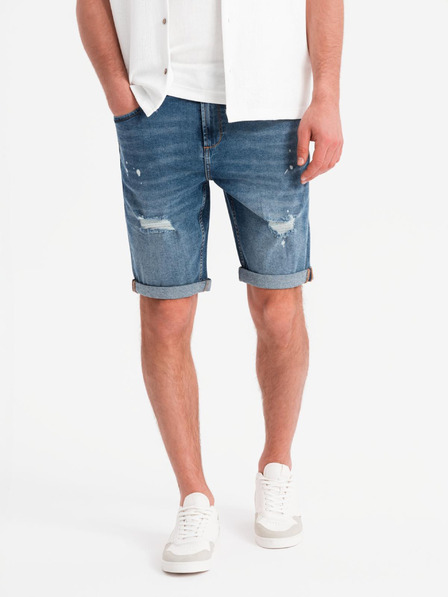 Ombre Clothing Pánske krátke džínsové šortky s roztrhanými nohavicami - modré
