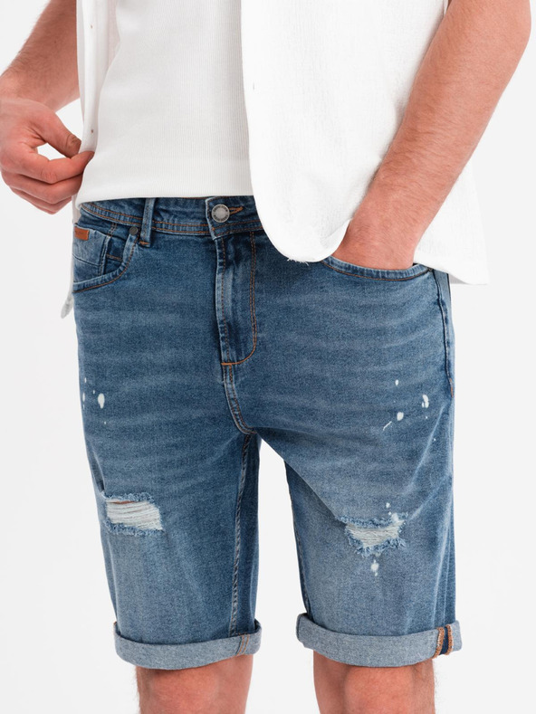Ombre Clothing Pánske krátke džínsové šortky s roztrhanými nohavicami - modré