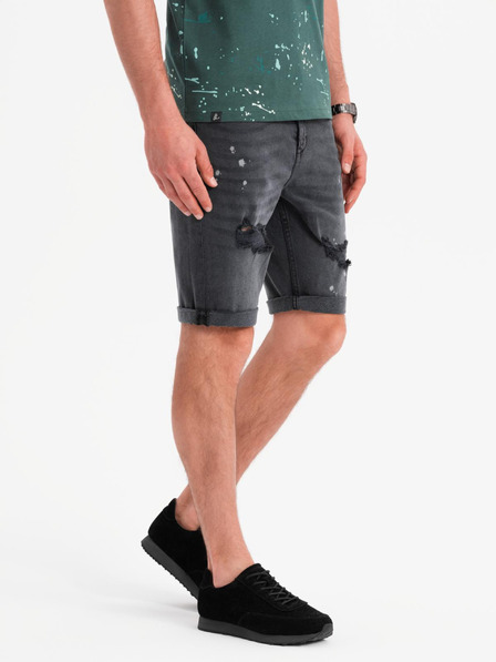 Ombre Clothing Pánske krátke džínsové šortky s roztrhaním a ohrnutým lemom - šedé