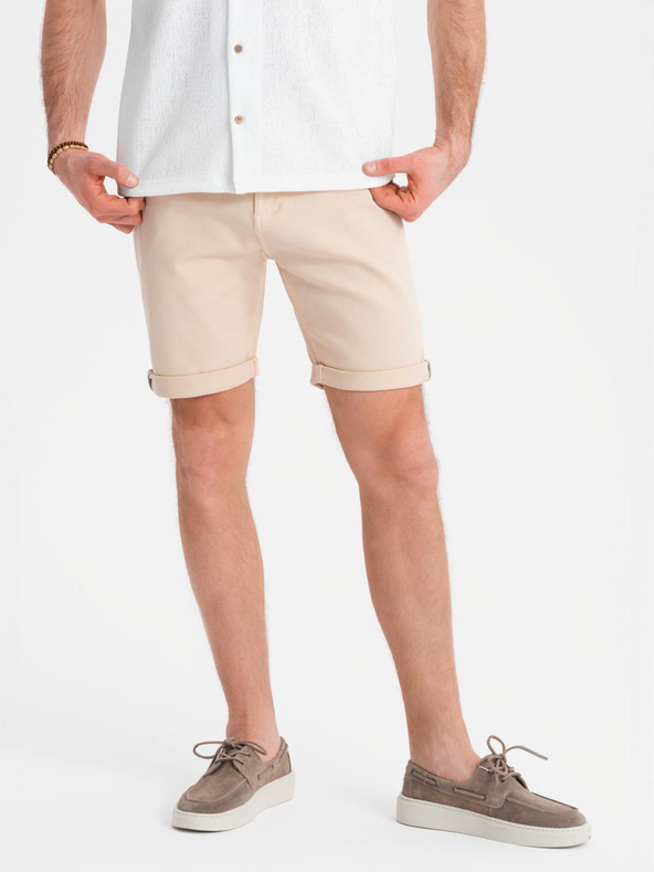 Ombre Clothing Pánske džínsové šortky s ohrnutým lemom - krémové