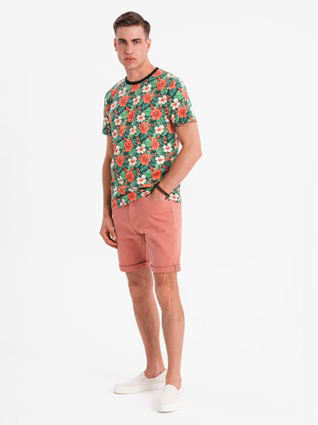 Ombre Clothing Pánske džínsové šortky s ohrnutým lemom - korálové