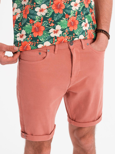 Ombre Clothing Pánske džínsové šortky s ohrnutým lemom - korálové