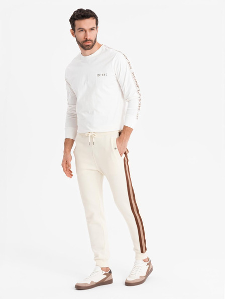 Ombre Clothing Pánske tepláky s lemovaním a rebrovanými lemami nohavíc - krémové