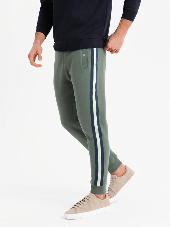 Ombre Clothing Pánske tepláky s lemovaním a rebrovanými nohavicami - olivové