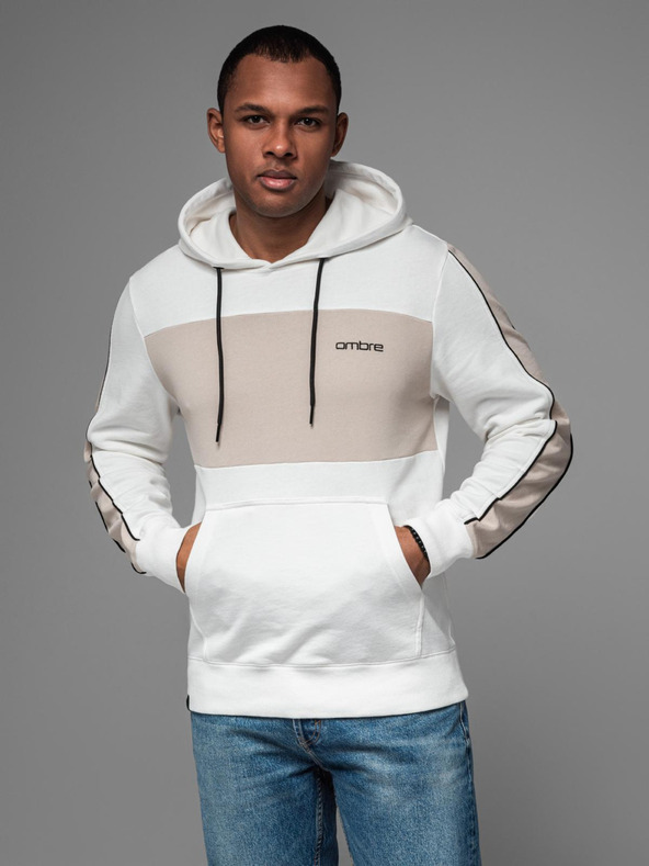 Ombre Clothing Pánska bavlnená mikina s kapucňou a kontrastnými detailmi - biela