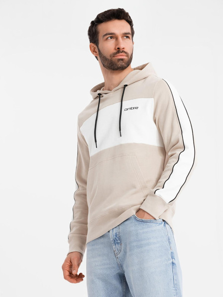 Ombre Clothing Pánska bavlnená mikina s kapucňou s kontrastnými prvkami - béžová