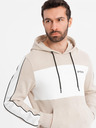 Ombre Clothing Pánska bavlnená mikina s kapucňou s kontrastnými prvkami - béžová