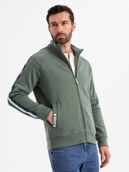 Ombre Clothing Pánska mikina s vysokým golierom a pruhmi - olivová