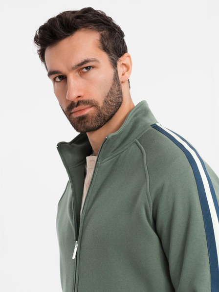 Ombre Clothing Pánska mikina s vysokým golierom a pruhmi - olivová
