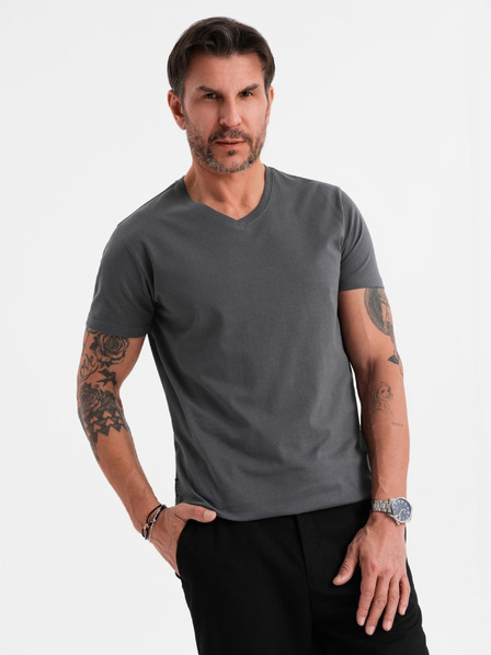 Ombre Clothing Pánske klasické bavlnené tričko BASIC s výstrihom do V - grafitová